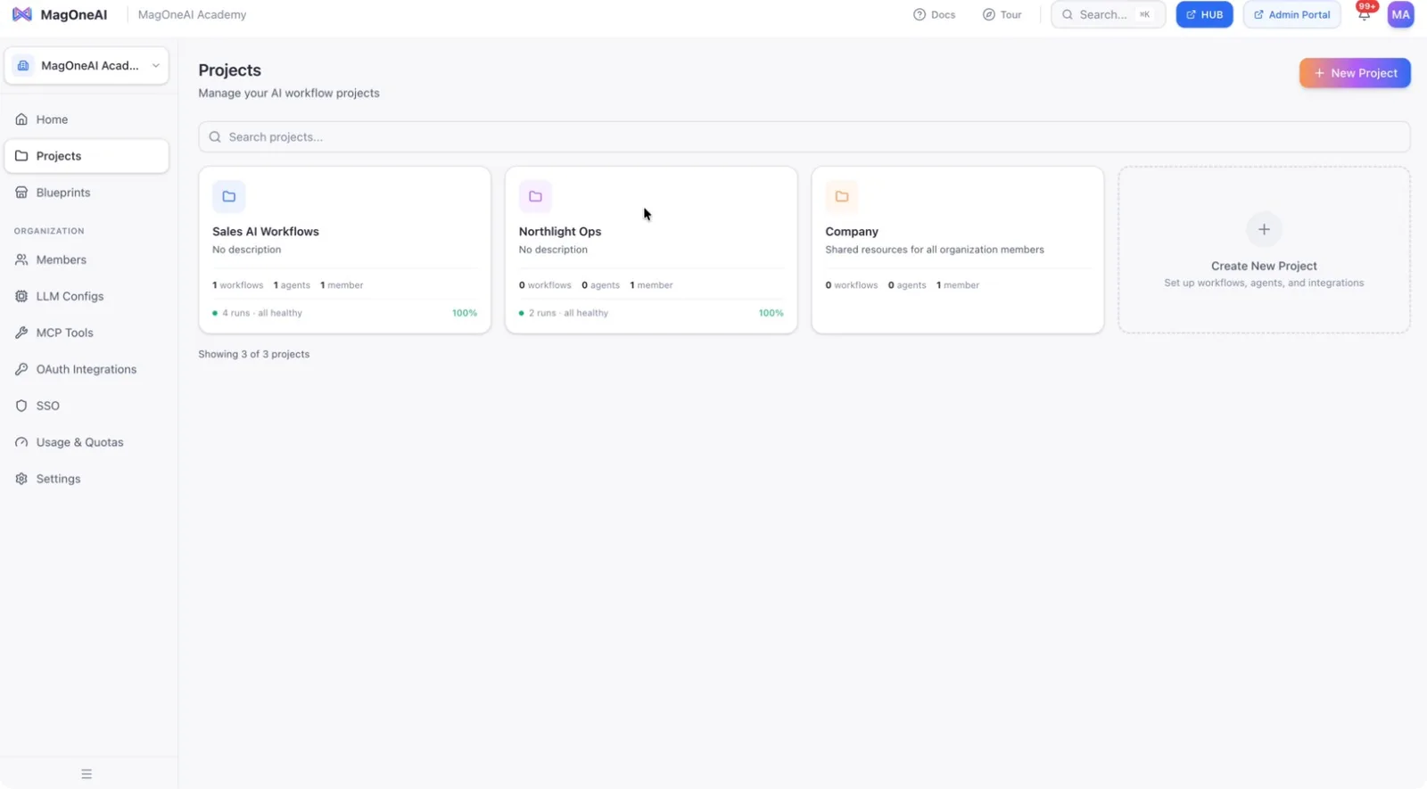 The project list, where a knowledge base can be created