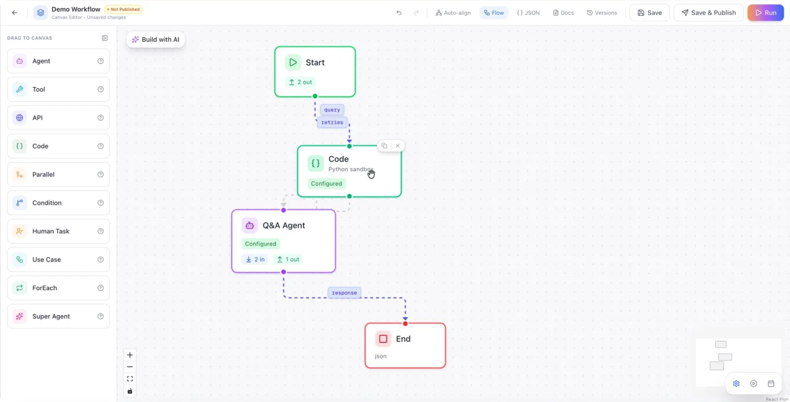 Dragging a Code Node onto the workflow canvas