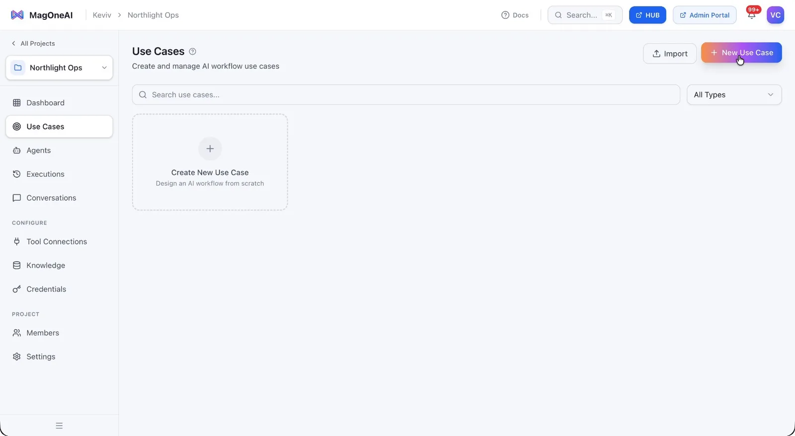 The New Use Case button in the project workspace