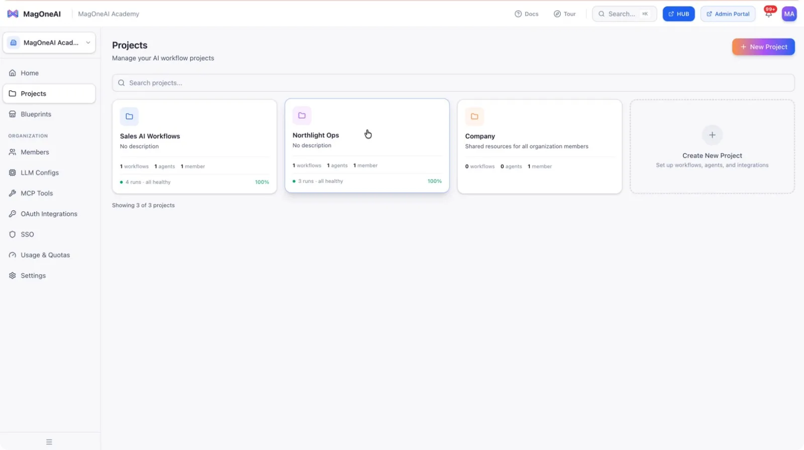 The project list on the main dashboard