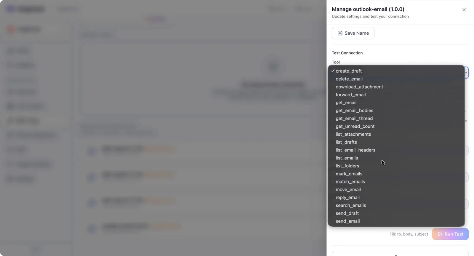 Tool parameters filled in, ready for a test call