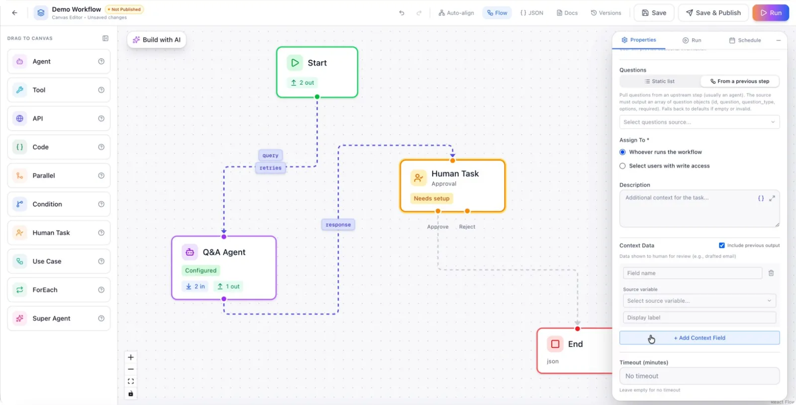 Assignee, description and context fields for a clarification task
