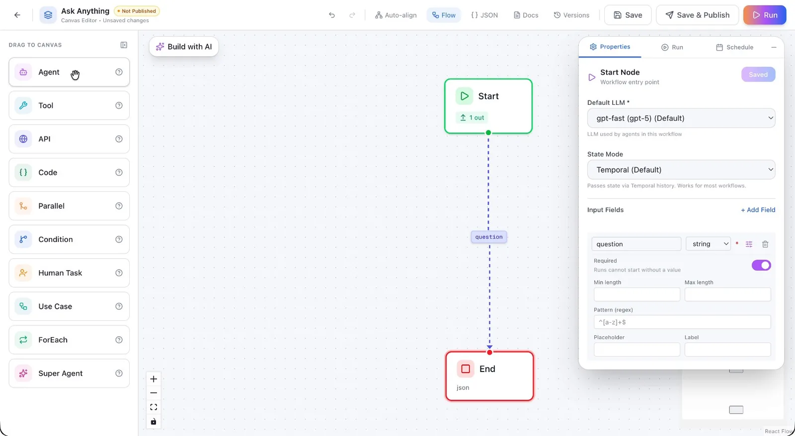 The Agent node positioned between the Start and End nodes