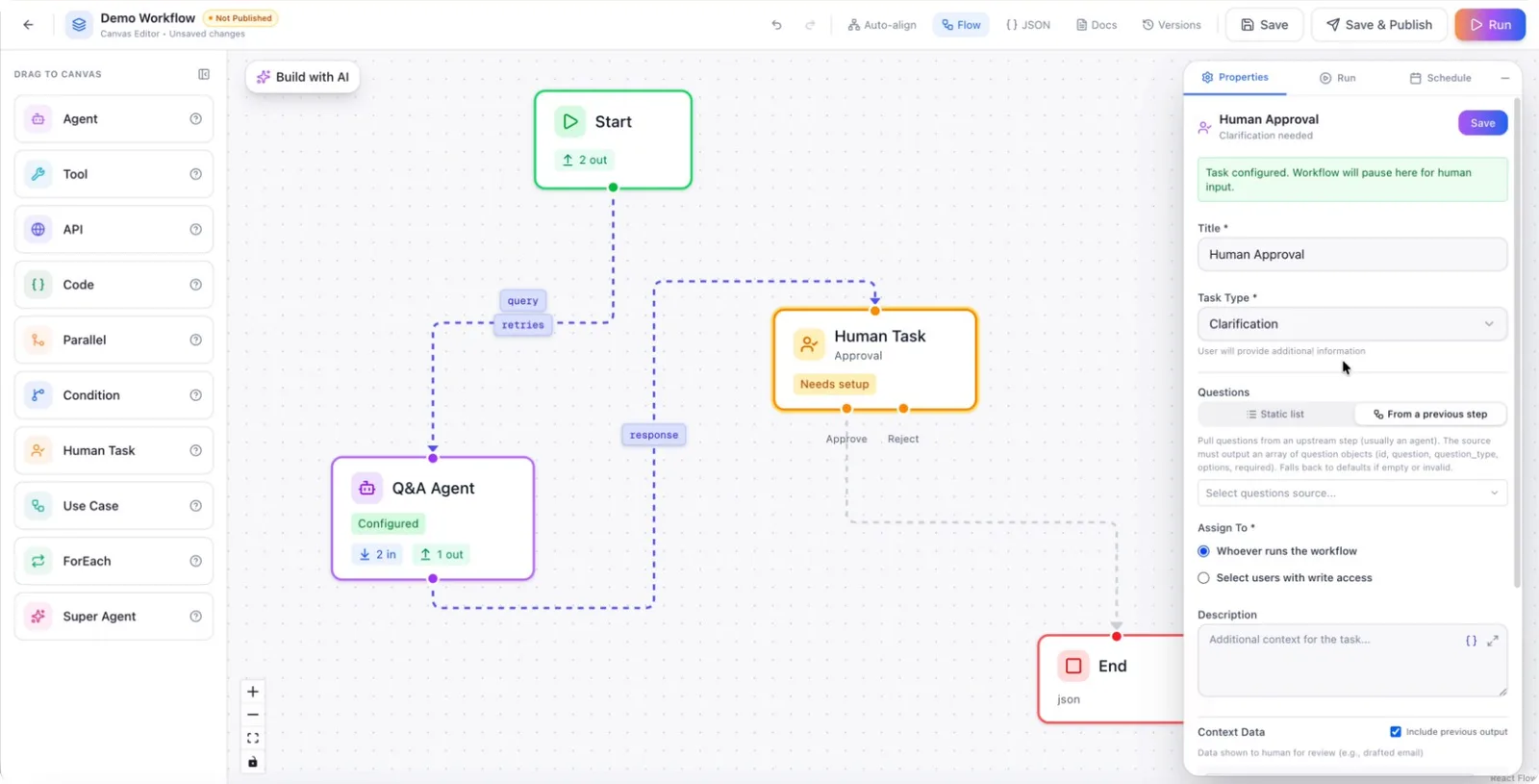 Routing the workflow on the clarification response