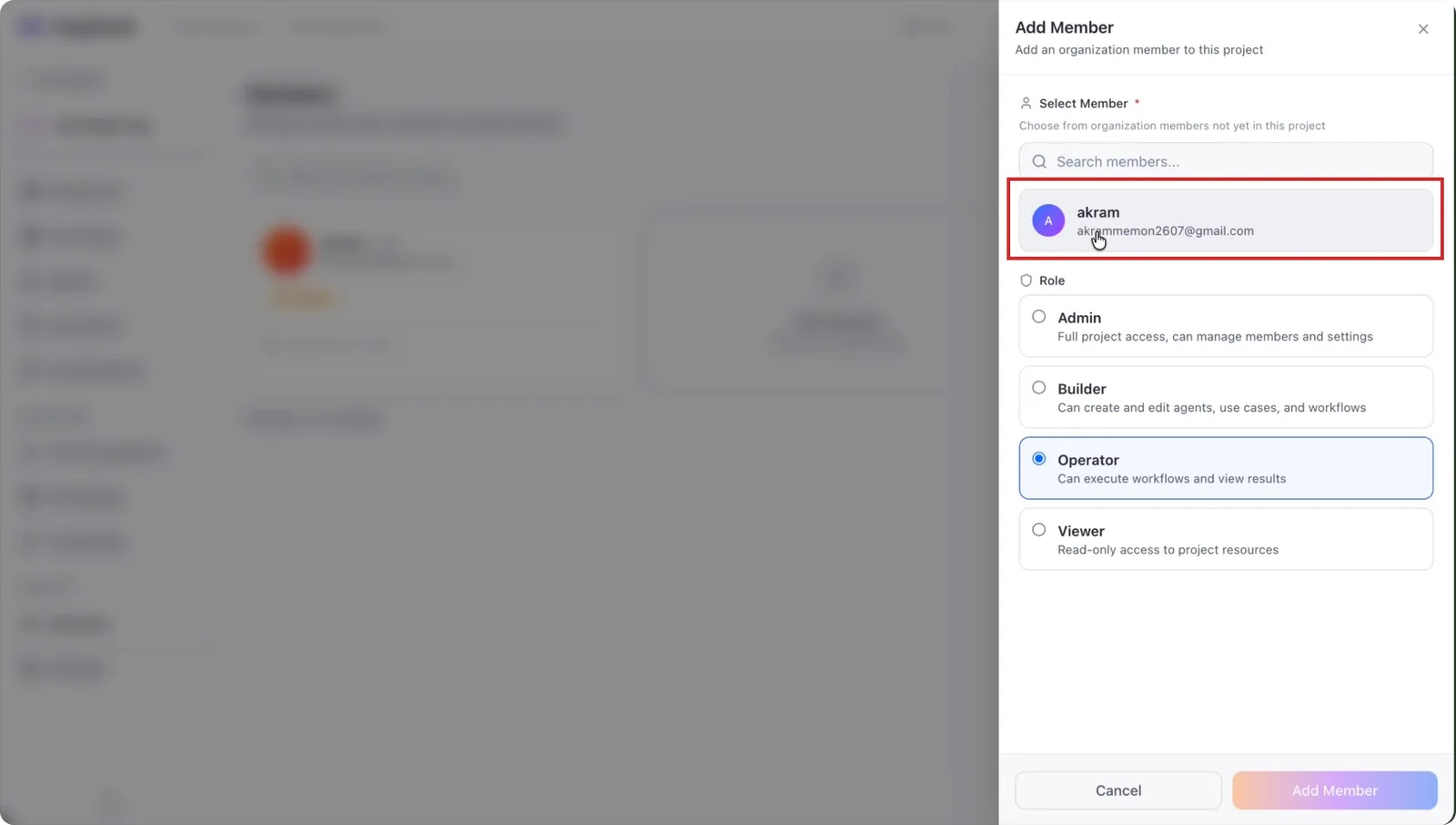 The user picker listing people who can be added to the project