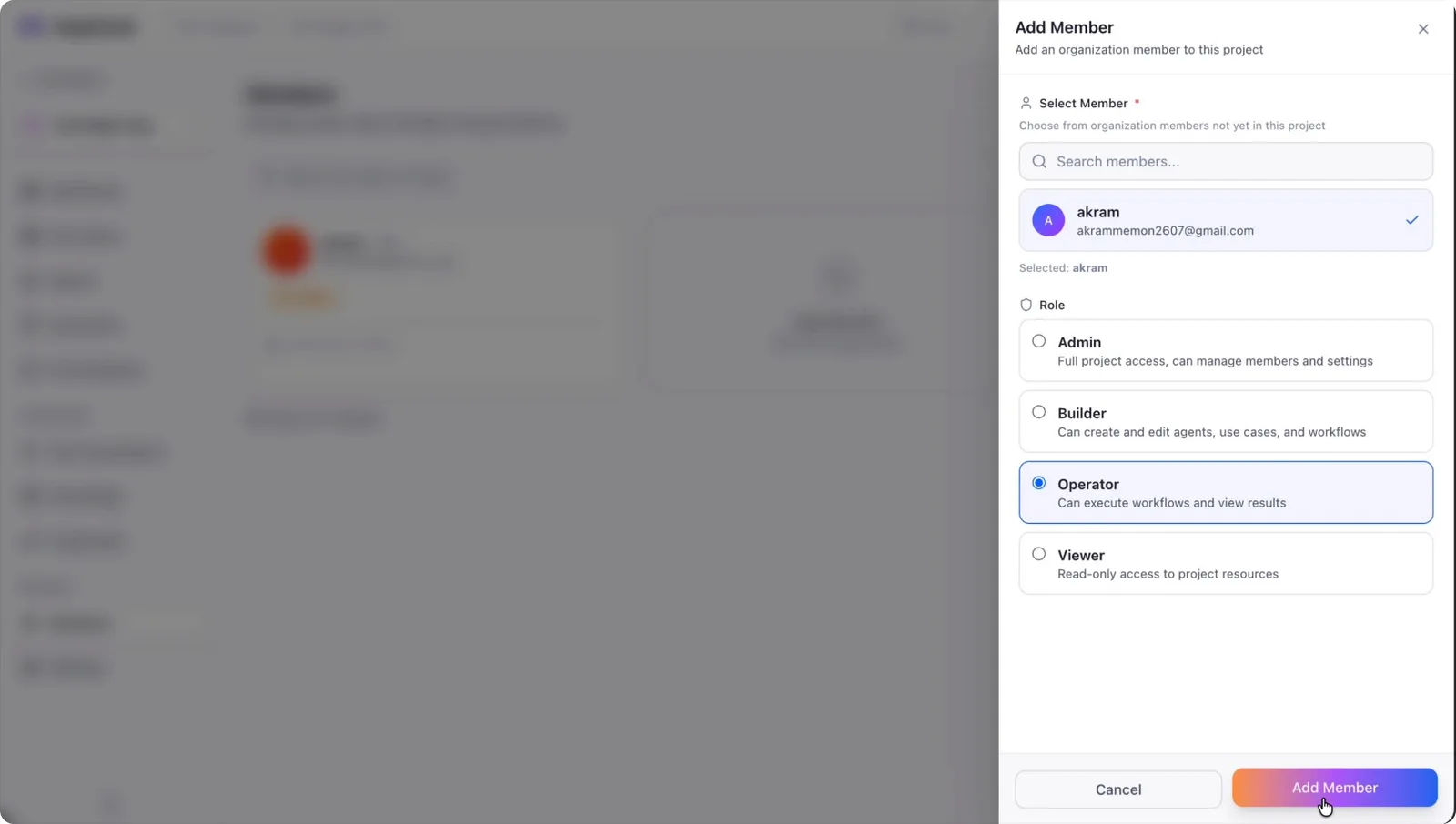 The Add Member button confirming the user's project role
