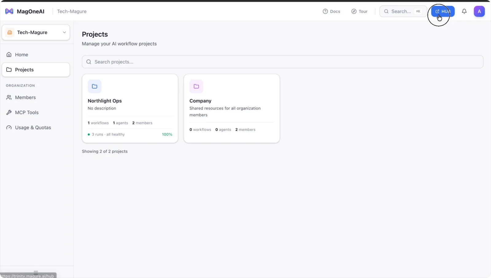 The Hub section of the project