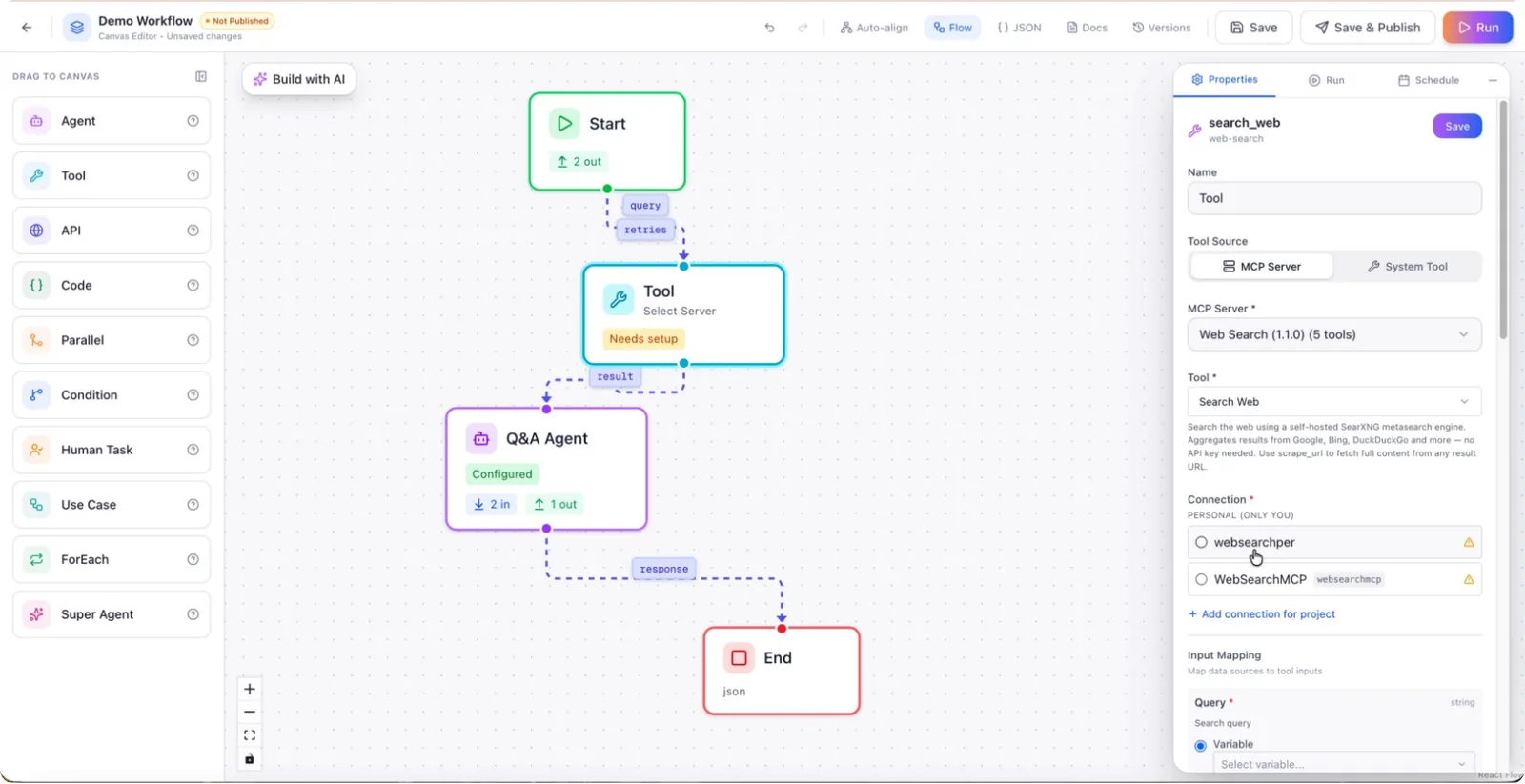 A Google Calendar MCP tool configured inside the Tool node