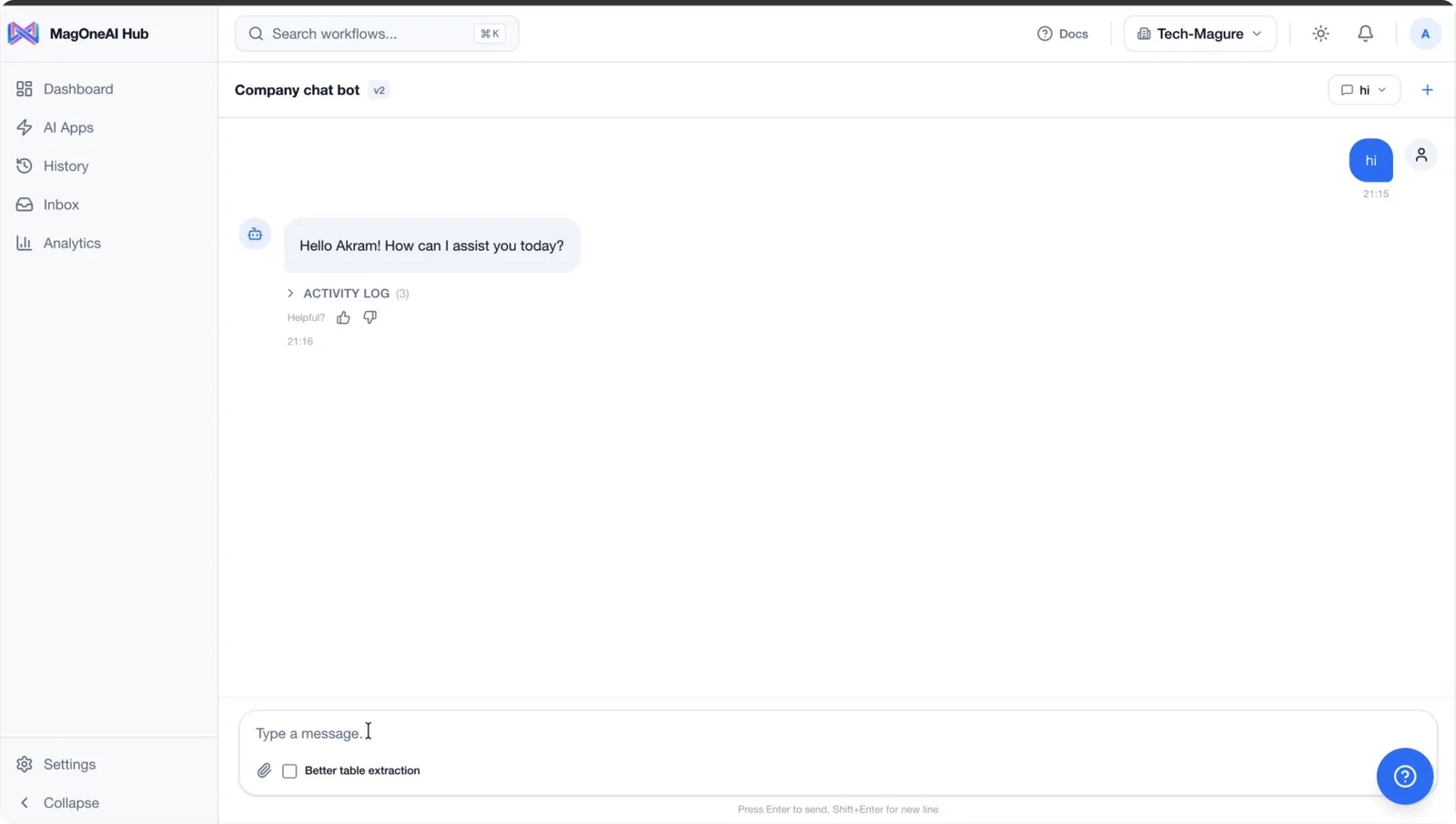 A test message sent to the chatbot and its reply