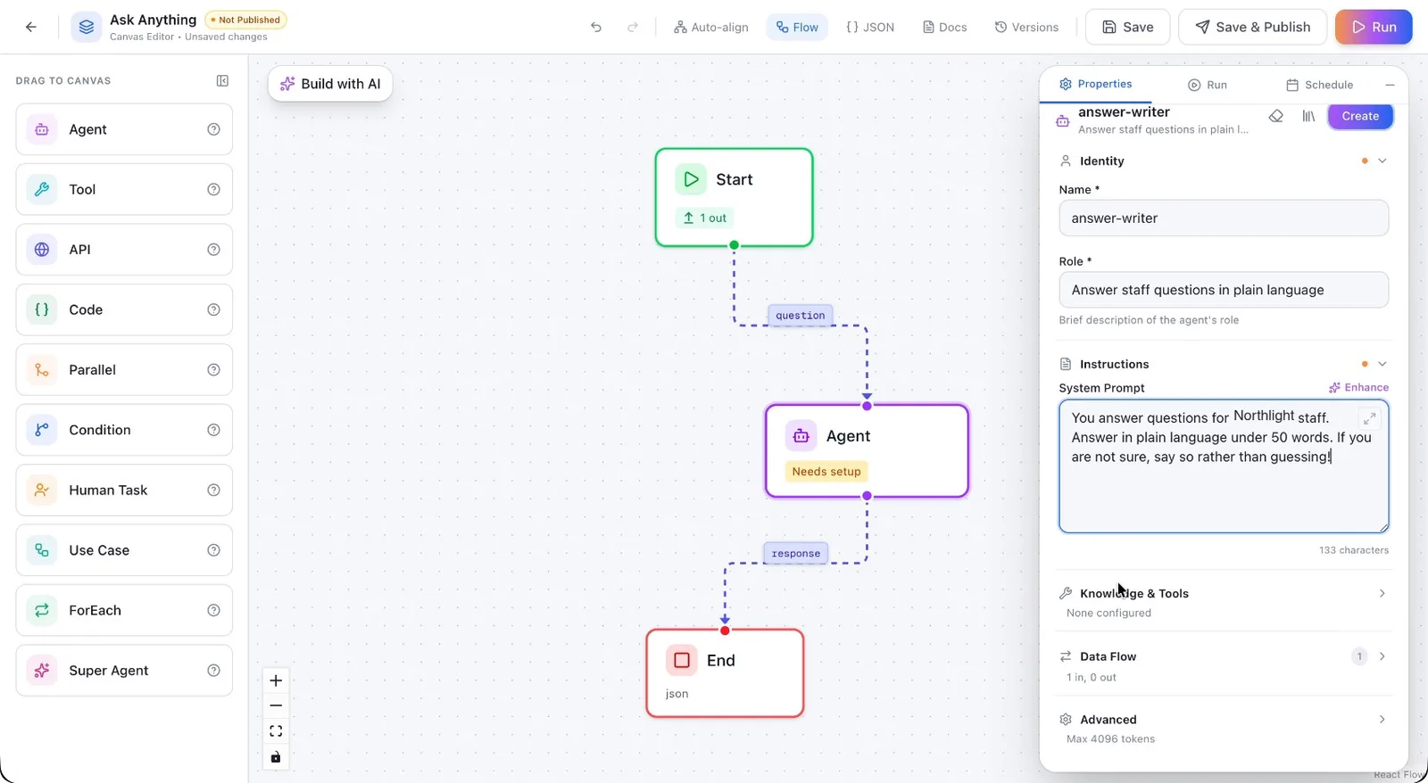 Input Mappings, with the Question field mapped from the Start node