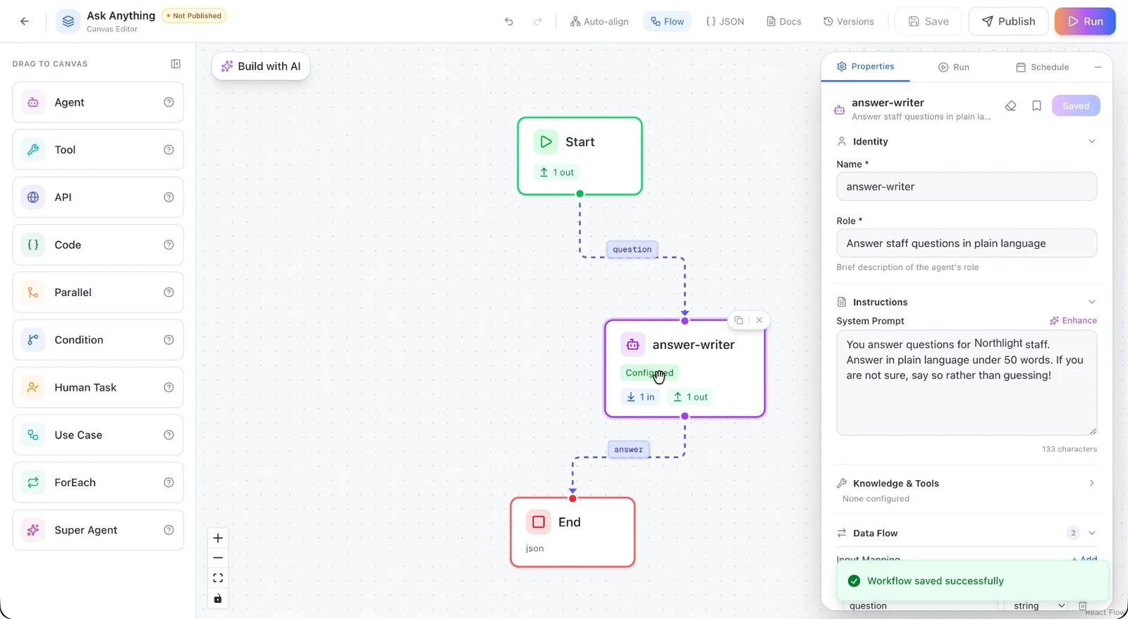 The configured Agent node on the canvas