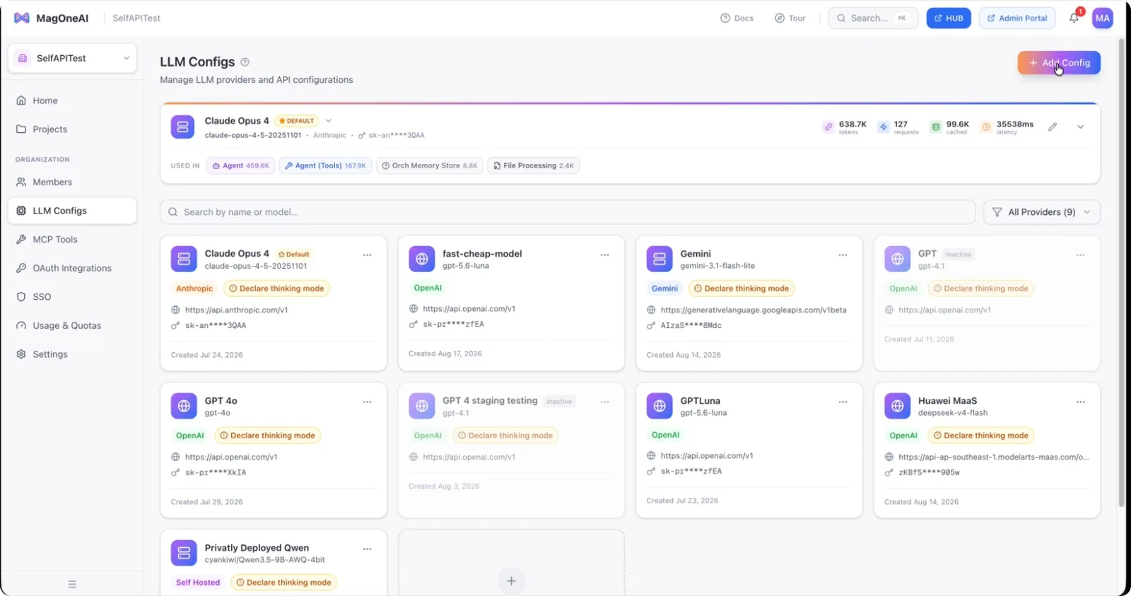 The Add Config button on the LLM configurations page