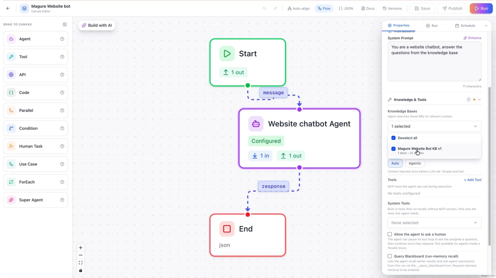The knowledge base picker in the agent's Knowledge tab