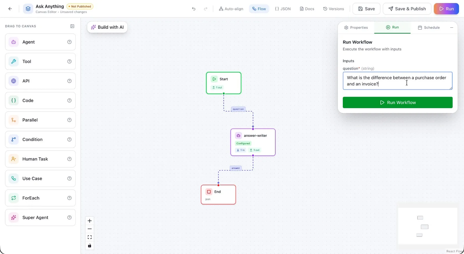 Run output, with the Answer field populated by the model