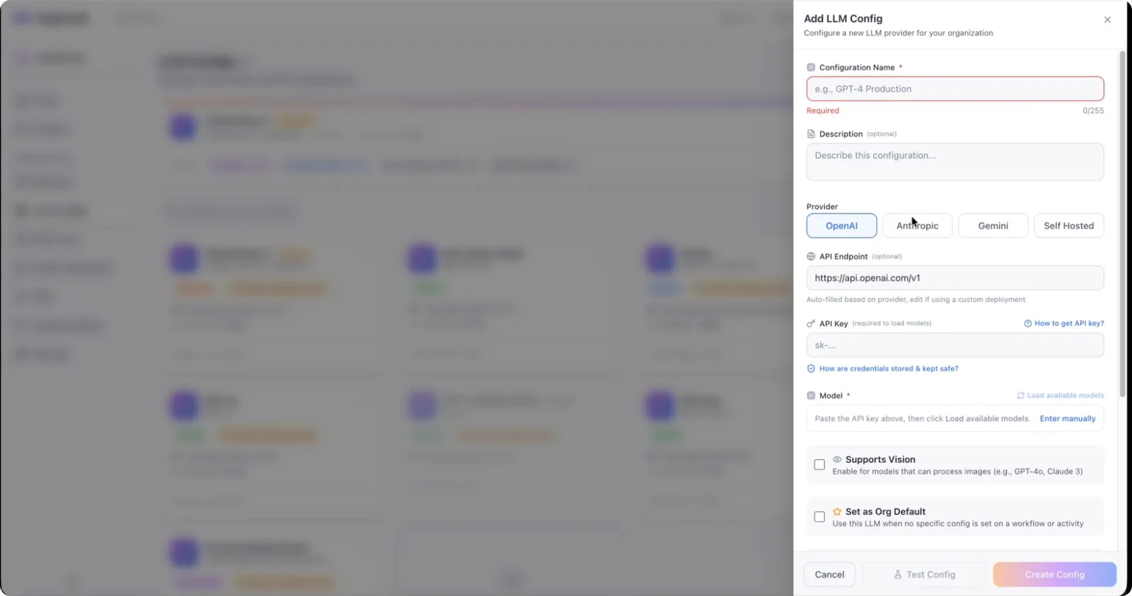 Supported providers, including OpenAI, Anthropic, Google Gemini and self-hosted models