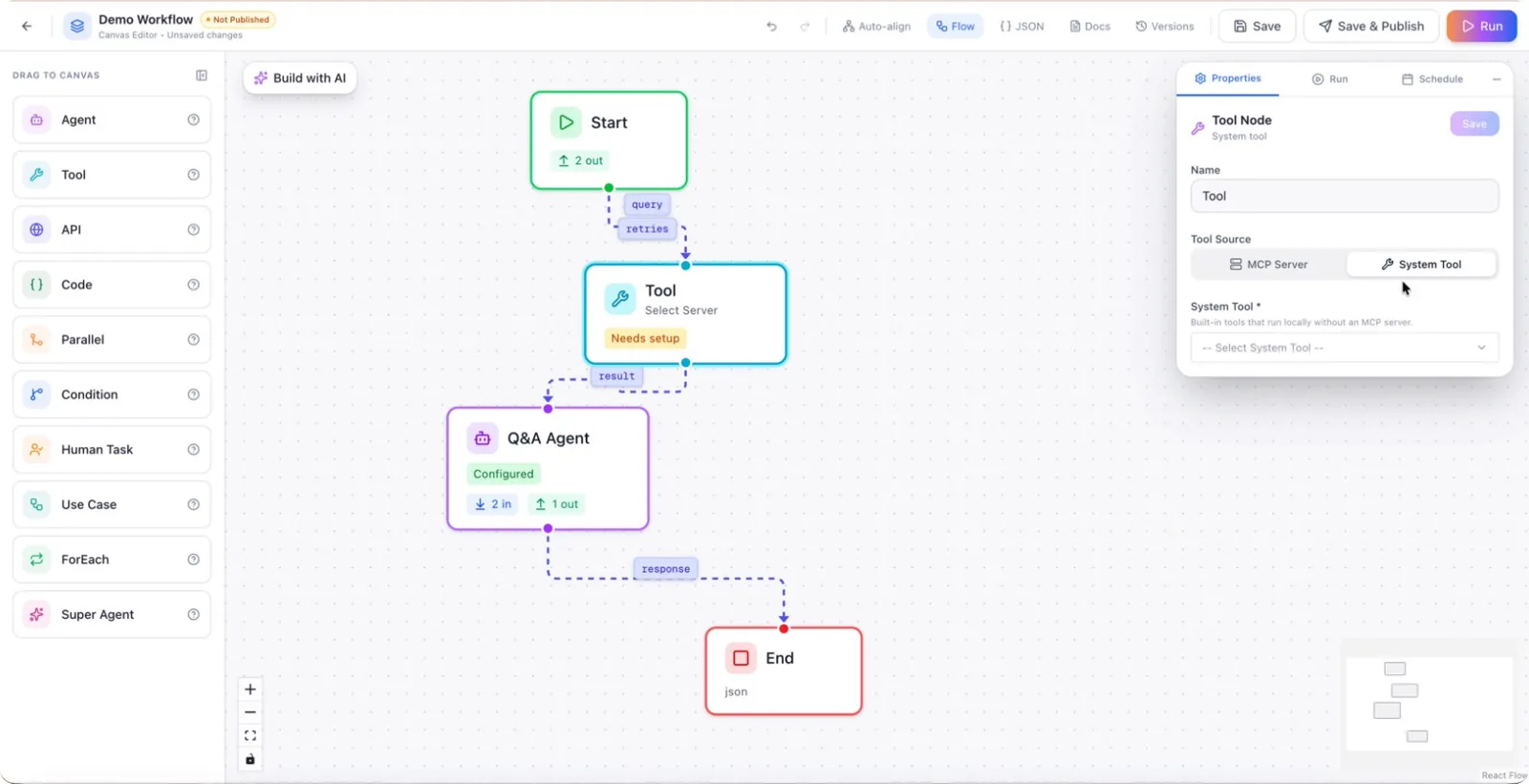 The system tool list, alongside tools exposed from MCP servers
