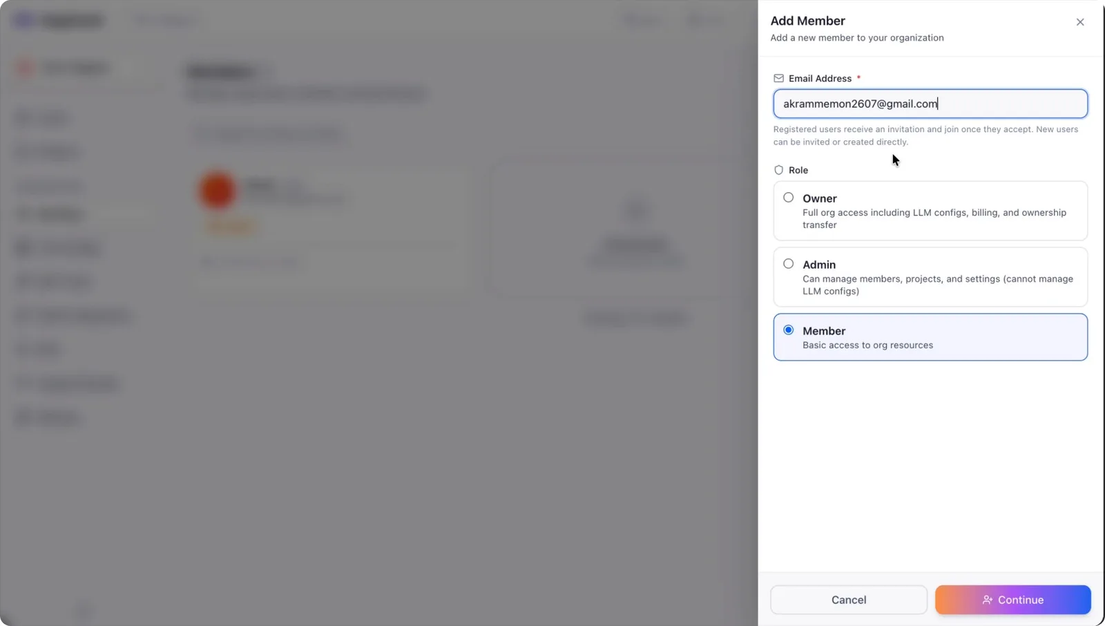 Organization role options: Owner, Admin and Member