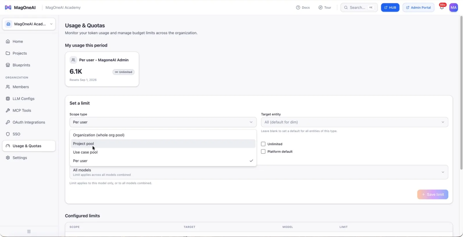 Limit levels: per user, use case pool, project pool and organization