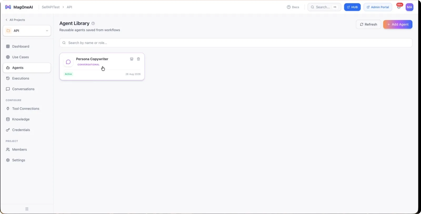 The saved agent listed in the Agent Library