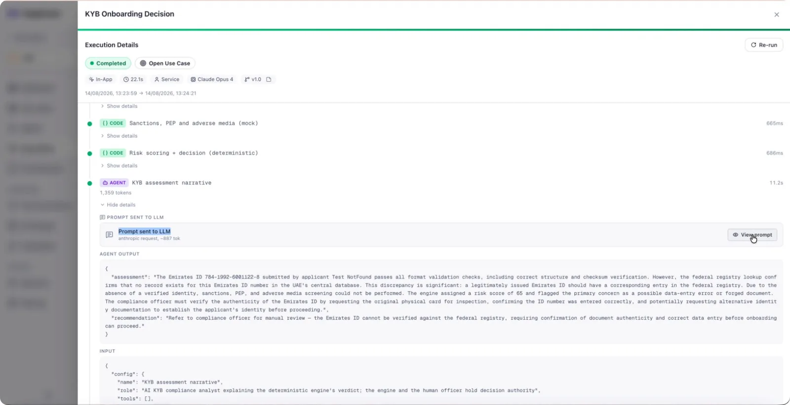 The full prompt, template, max tokens and raw agent output