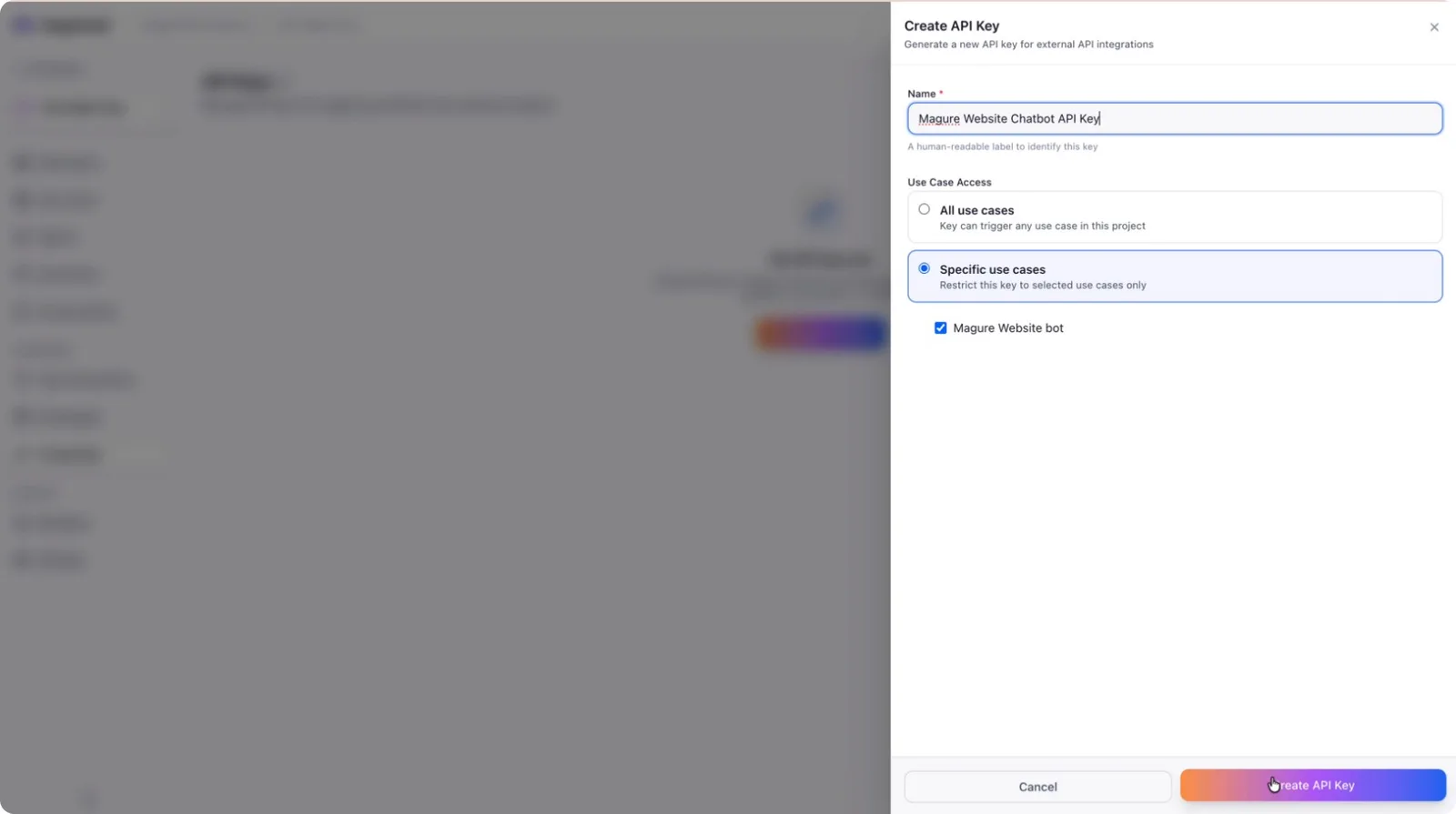 The API key name field and the create button