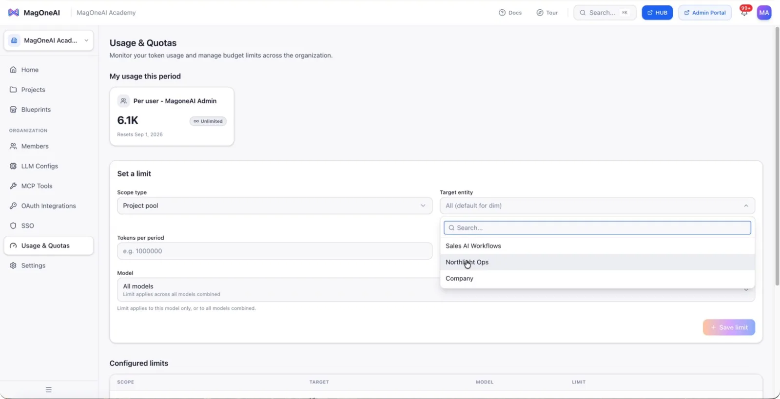 The list of projects available for a project-scoped limit