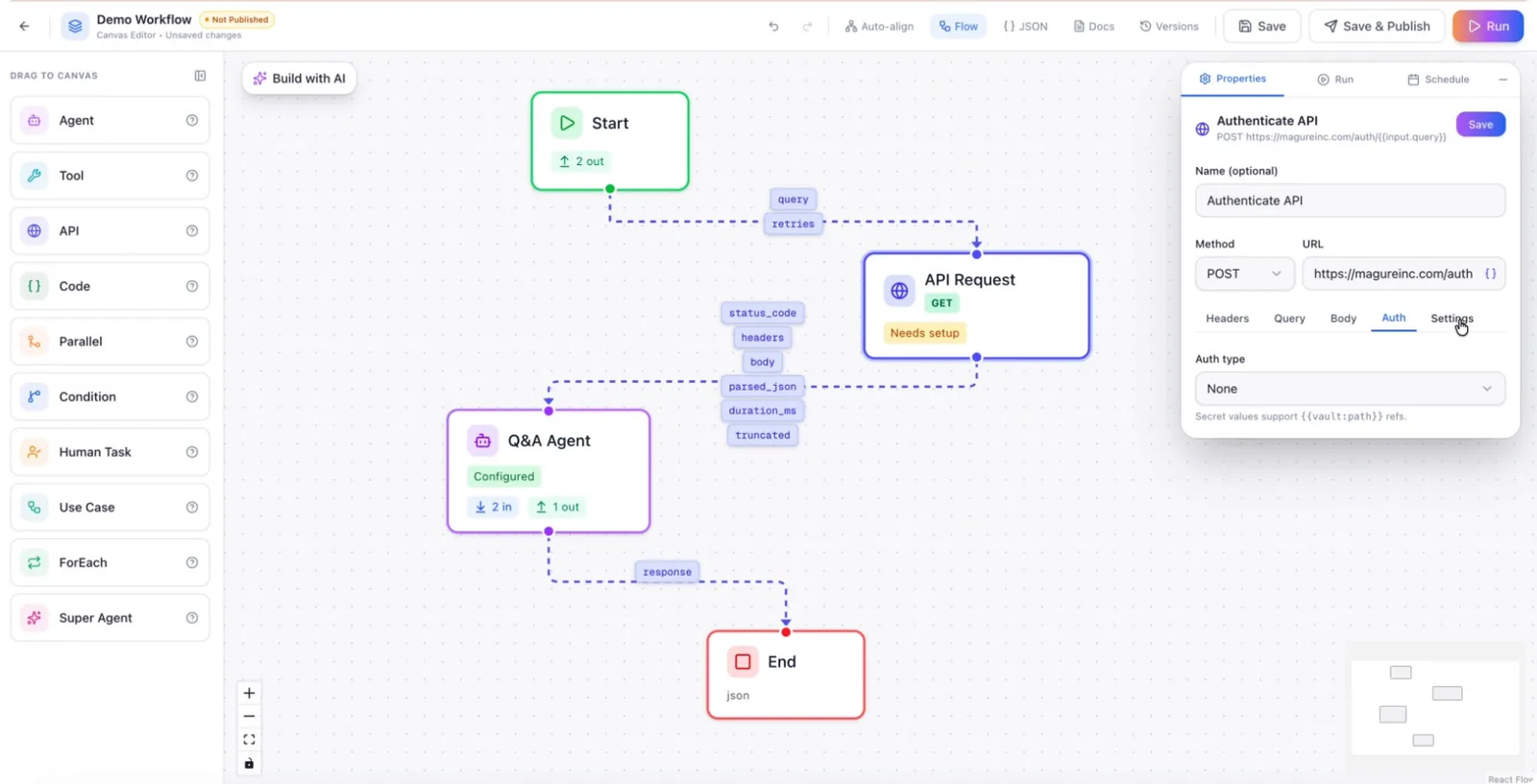 Advanced settings: timeout, max response size, response capture, redirects and error handling