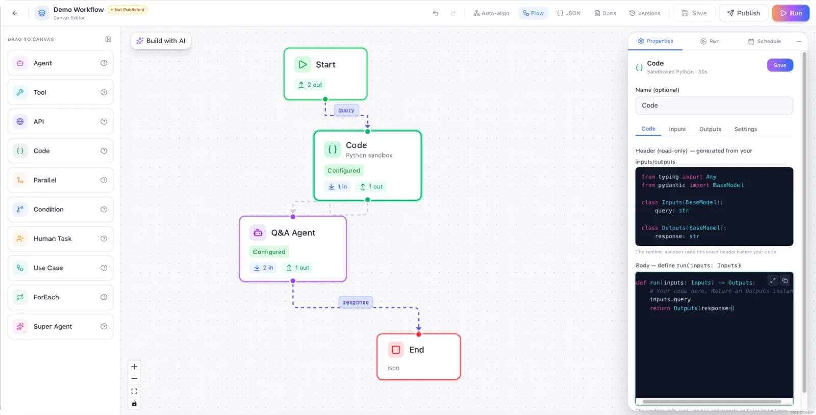 The code editor, reading inputs.query and assigning to response