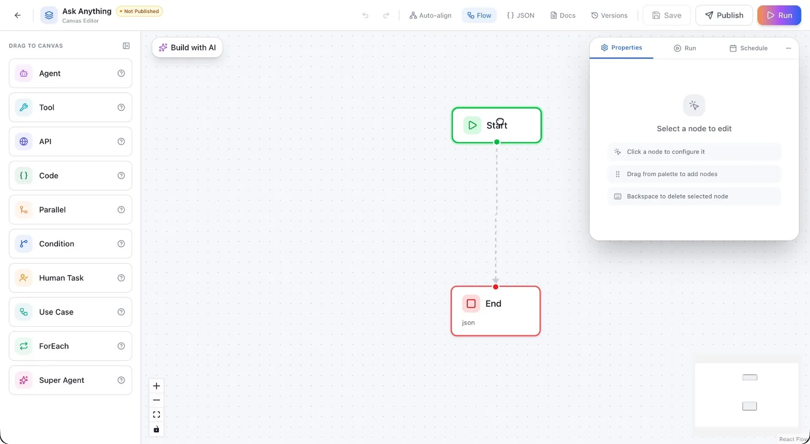 The Start node configuration panel