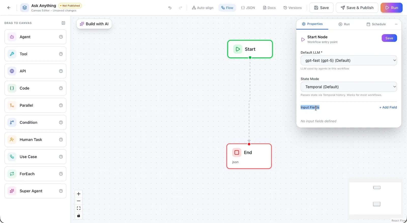Adding a new input field to the Start node